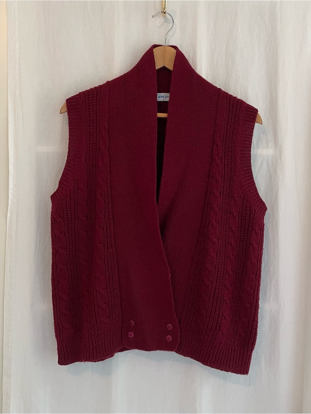 Shawl Collar Wool Blend Cable Knit Vest in Burgundy